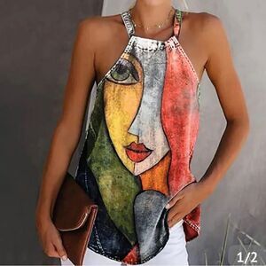 Face Print Multicolored Halter Top Size Large NWT NIB
